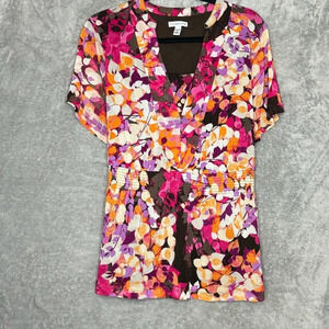 Croft & Barrow 1X Shirt Top Pink Orange Floral Flower Short Sleeve V Neck Peplem